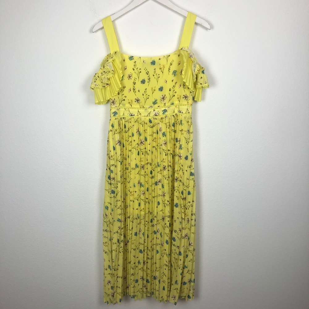 OPT Retsina Floral Print Pleated A-Line Midi Dress Size XS Yellow Cold Shoulder - Picture 10 of 13